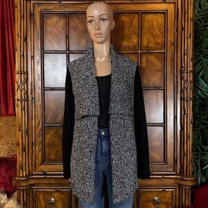 Jones New York Black White Marled Knit Cotton Blend Open Front Cardigan